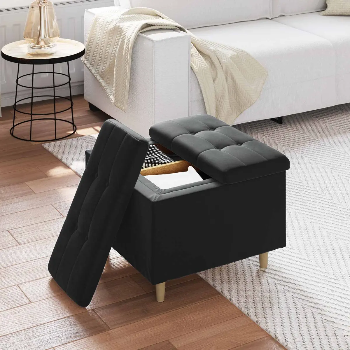 Storage Ottoman Tufted Black Velvet 60 x 60 x 45 cm