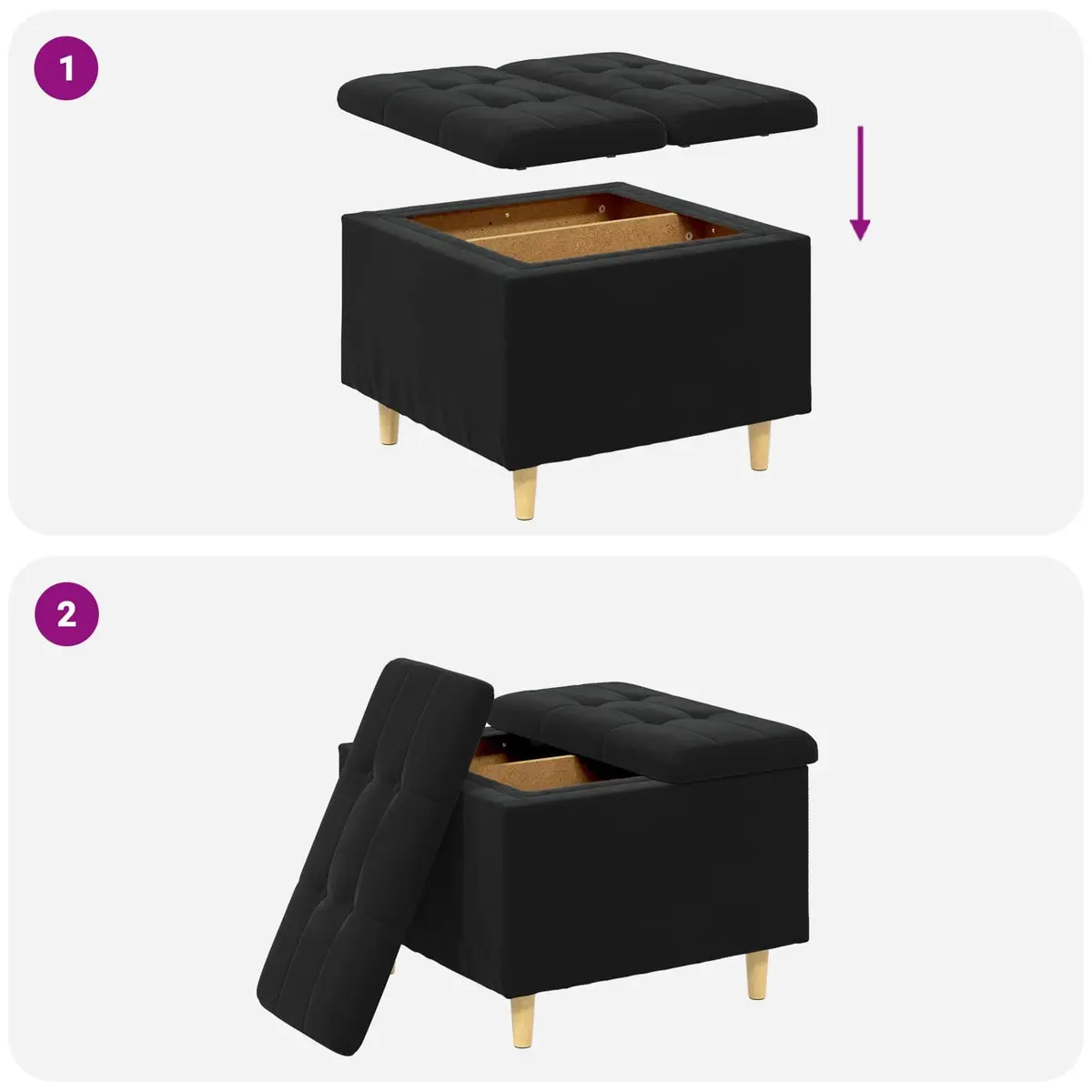 Storage Ottoman Tufted Black Velvet 60 x 60 x 45 cm