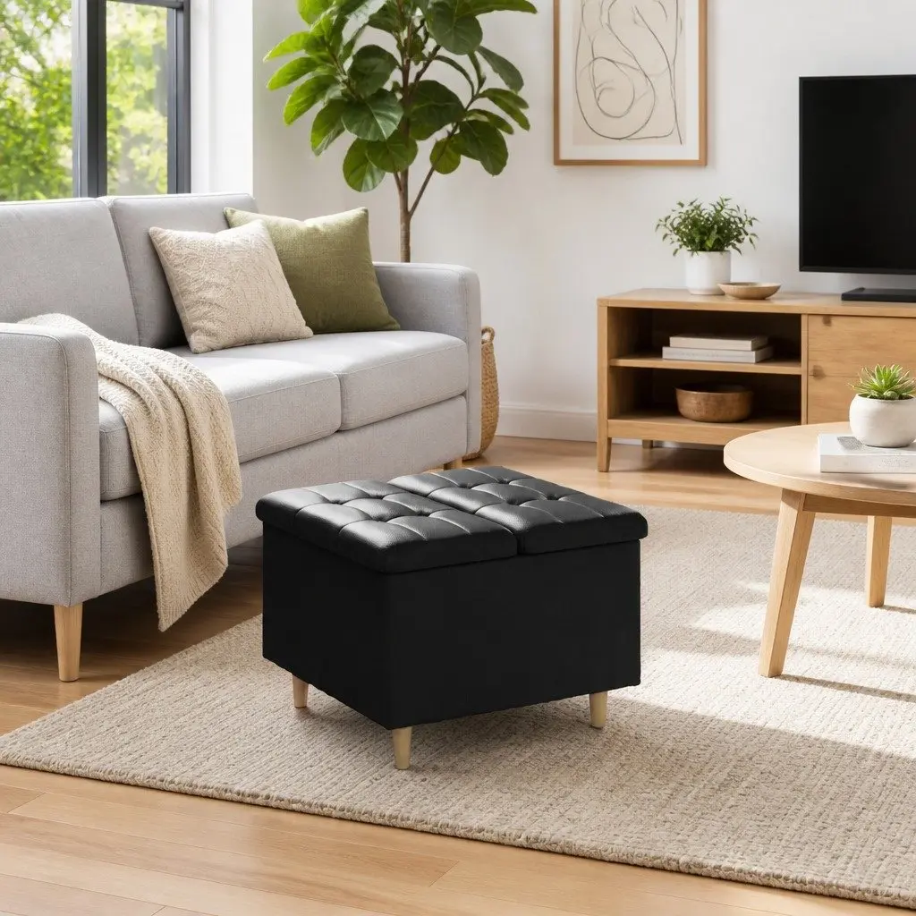 Storage Ottoman Tufted Cushion Black 60x60x45 cm