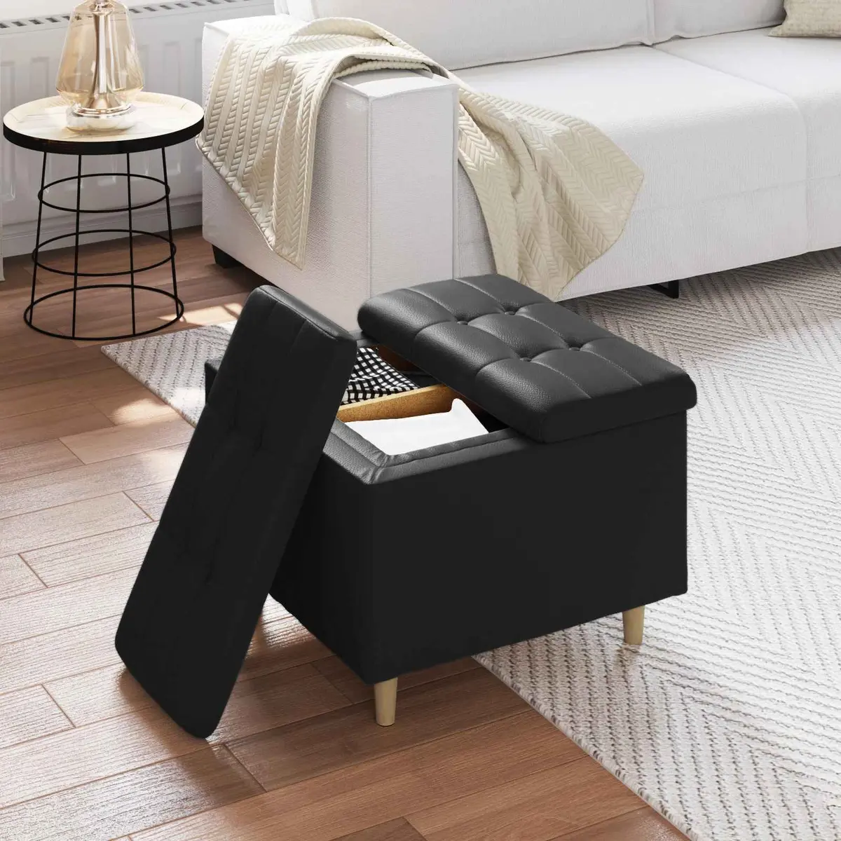 Storage Ottoman Tufted Cushion Black 60x60x45 cm
