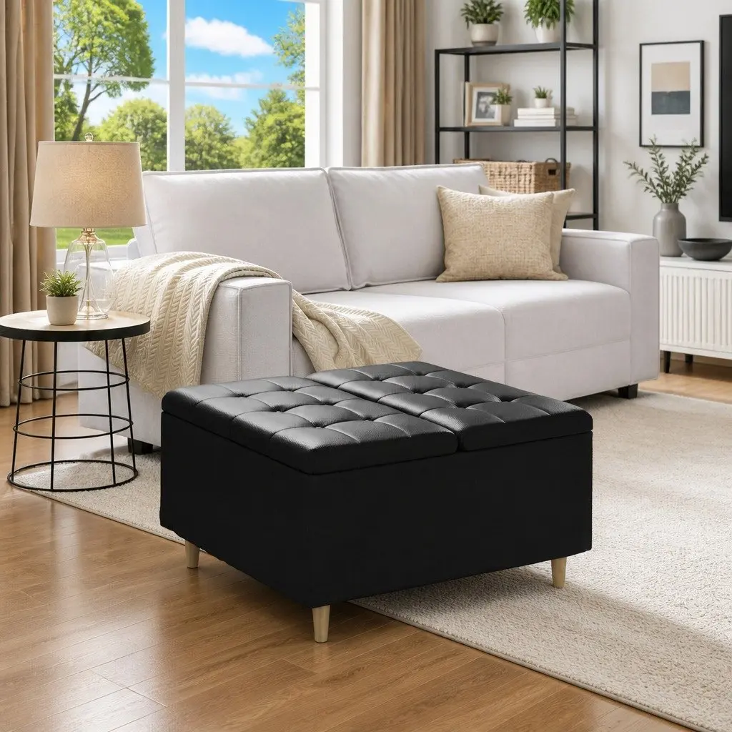 Storage Ottoman Tufted Cushion Black 80x80x45 cm