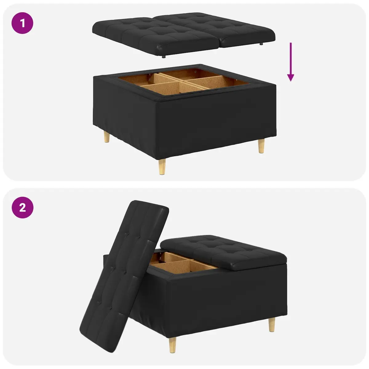 Storage Ottoman Tufted Cushion Black 80x80x45 cm