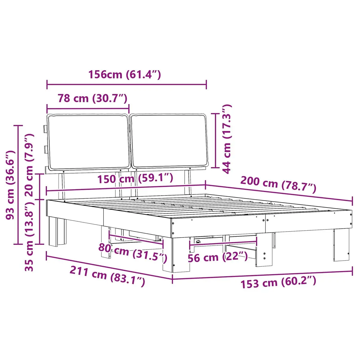 Bed Frame with Upholstered Headboard Grey 150 x 200 cm Modern Bedroom Furniture