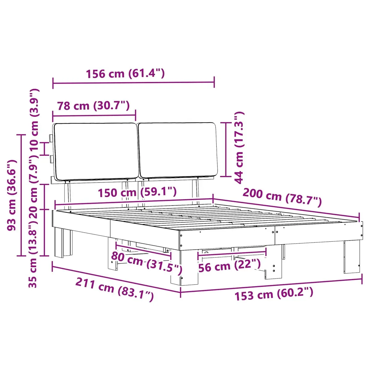 Bed Frame with Upholstered Headboard Grey 150 x 200 cm Modern Bedroom Furniture