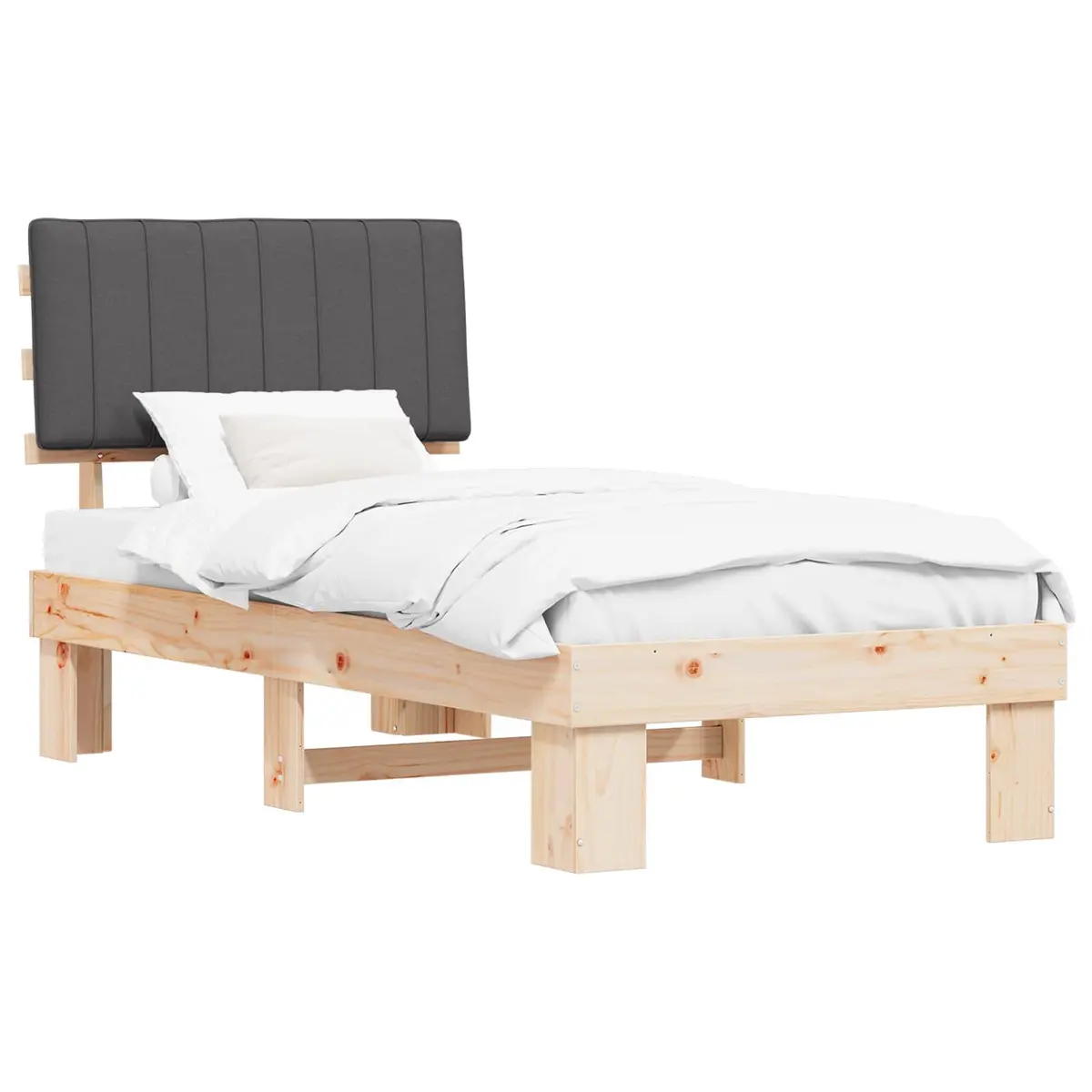 Grey Upholstered Bed Frame with Slatted Platform 90x190cm Solid Pine Wood