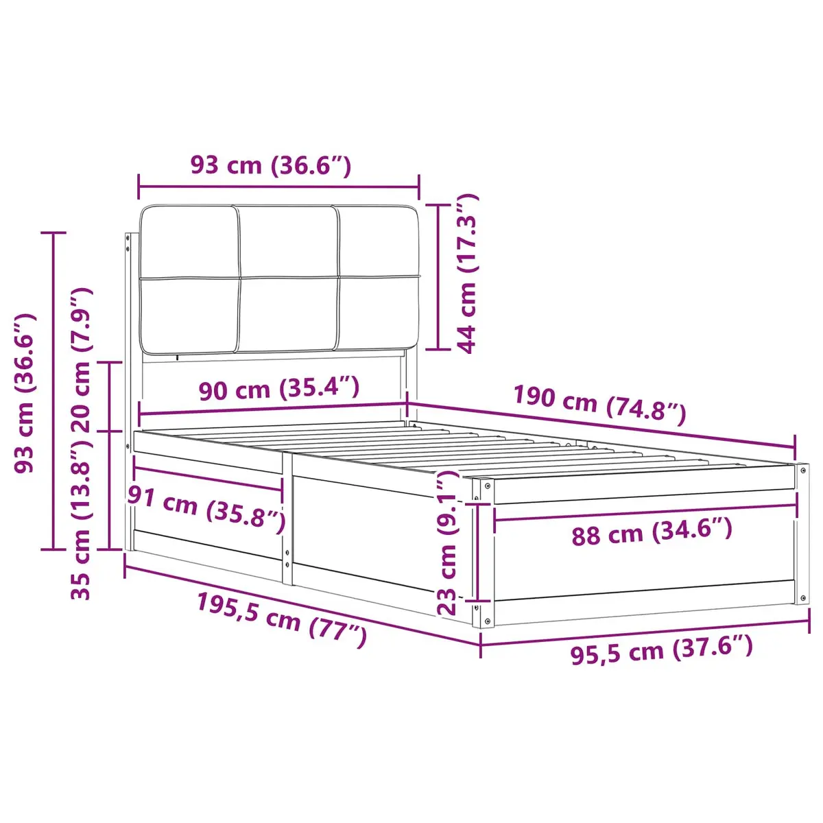 Bed Frame Upholstered Headboard Grey 90 x 190 cm Modern Bedroom Wooden Slatted