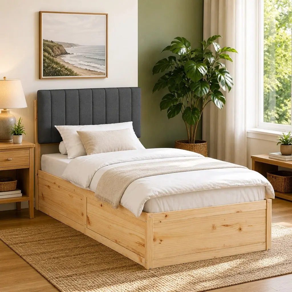 Upholstered Headboard Bed Frame Grey 90x190cm Wooden Slatted Platform