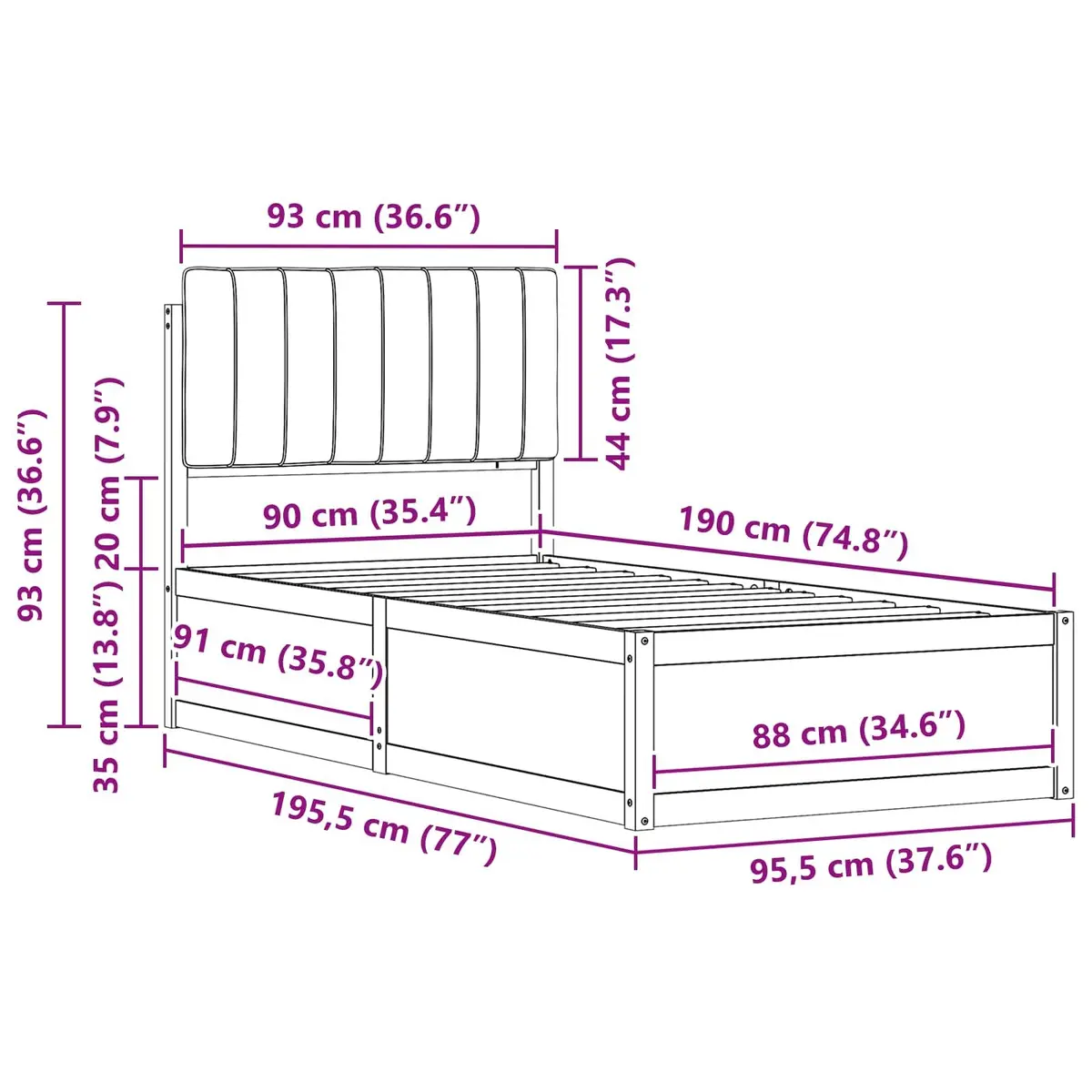 Upholstered Headboard Bed Frame Grey 90x190cm Wooden Slatted Platform