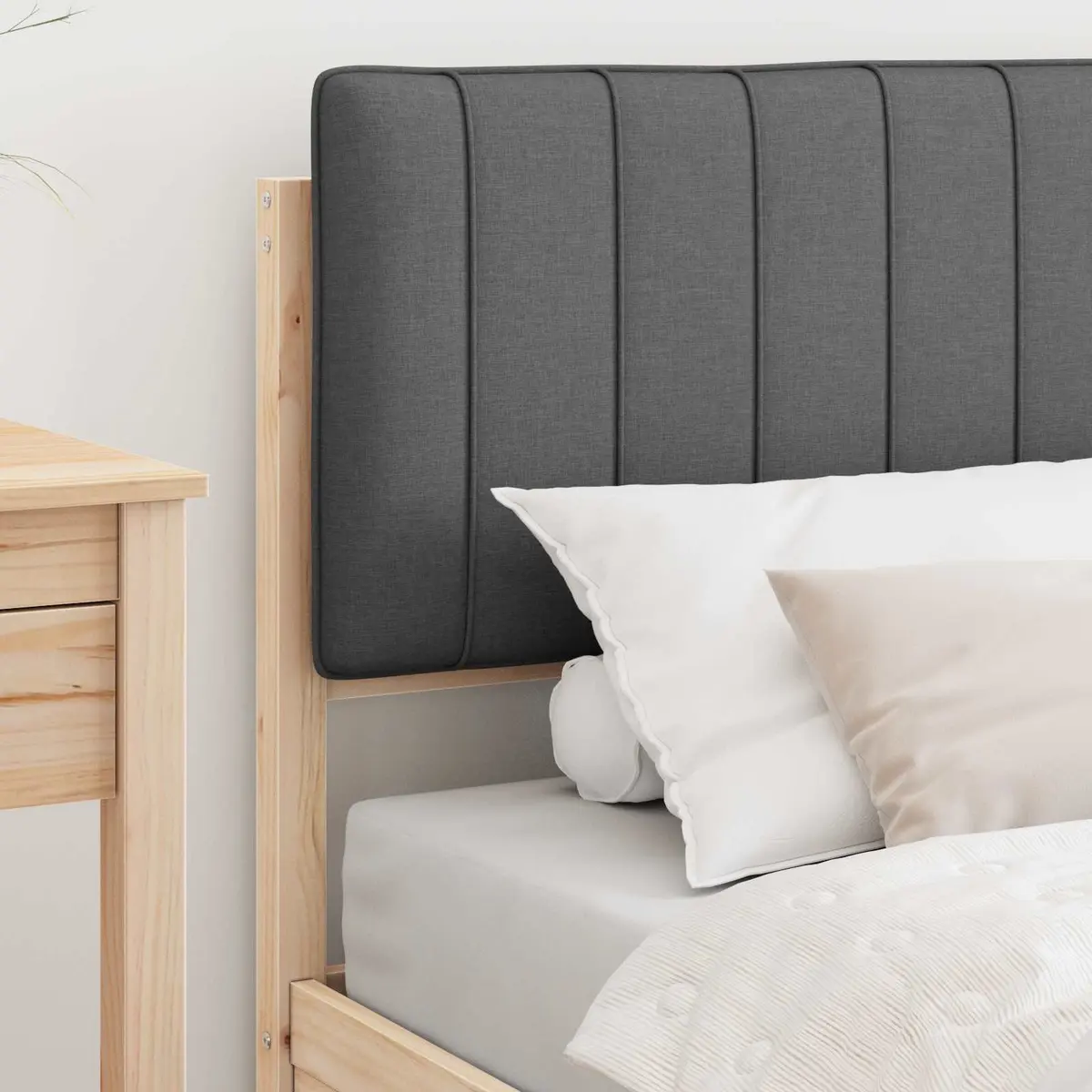 Upholstered Headboard Bed Frame Grey 90x190cm Wooden Slatted Platform