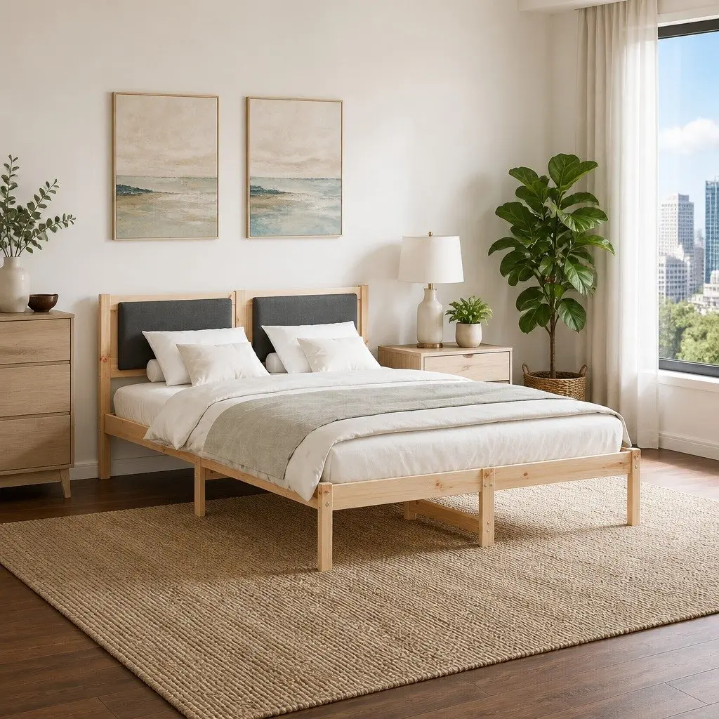 Grey Bed Frame with Headboard 135 x 190 cm