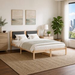 Bed Frame with Headboard Grey 135 x 190 cm Solid Pine Wood Modern Bedroom