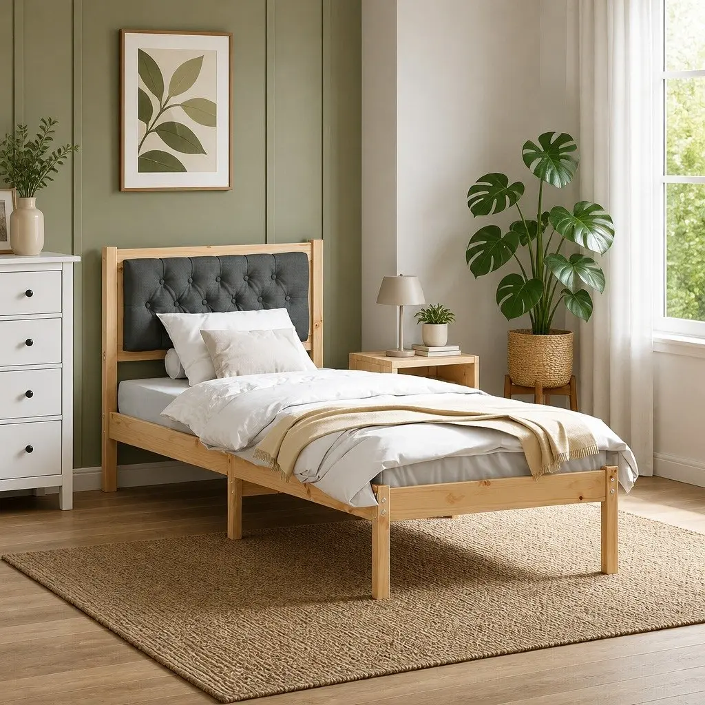 Bed Frame with Headboard Modern Minimalist 90 x 190 cm Solid Pine Wood Bedroom