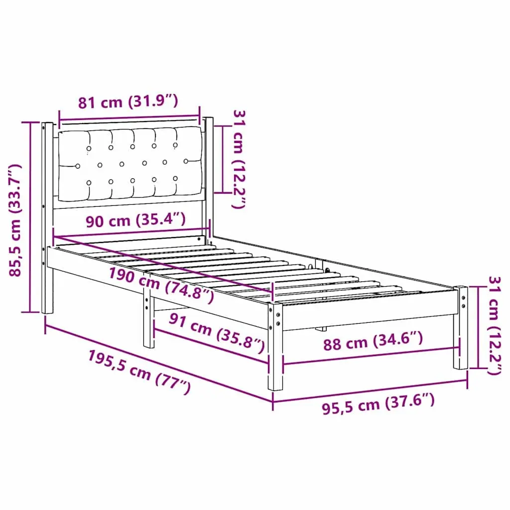 Bed Frame with Headboard Modern Minimalist 90 x 190 cm Solid Pine Wood Bedroom
