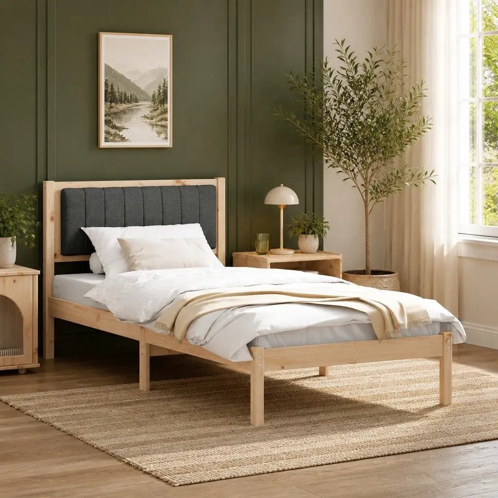 Bed Frame Upholstered Headboard Solid Pine Wood 90 x 190 cm Dark Grey