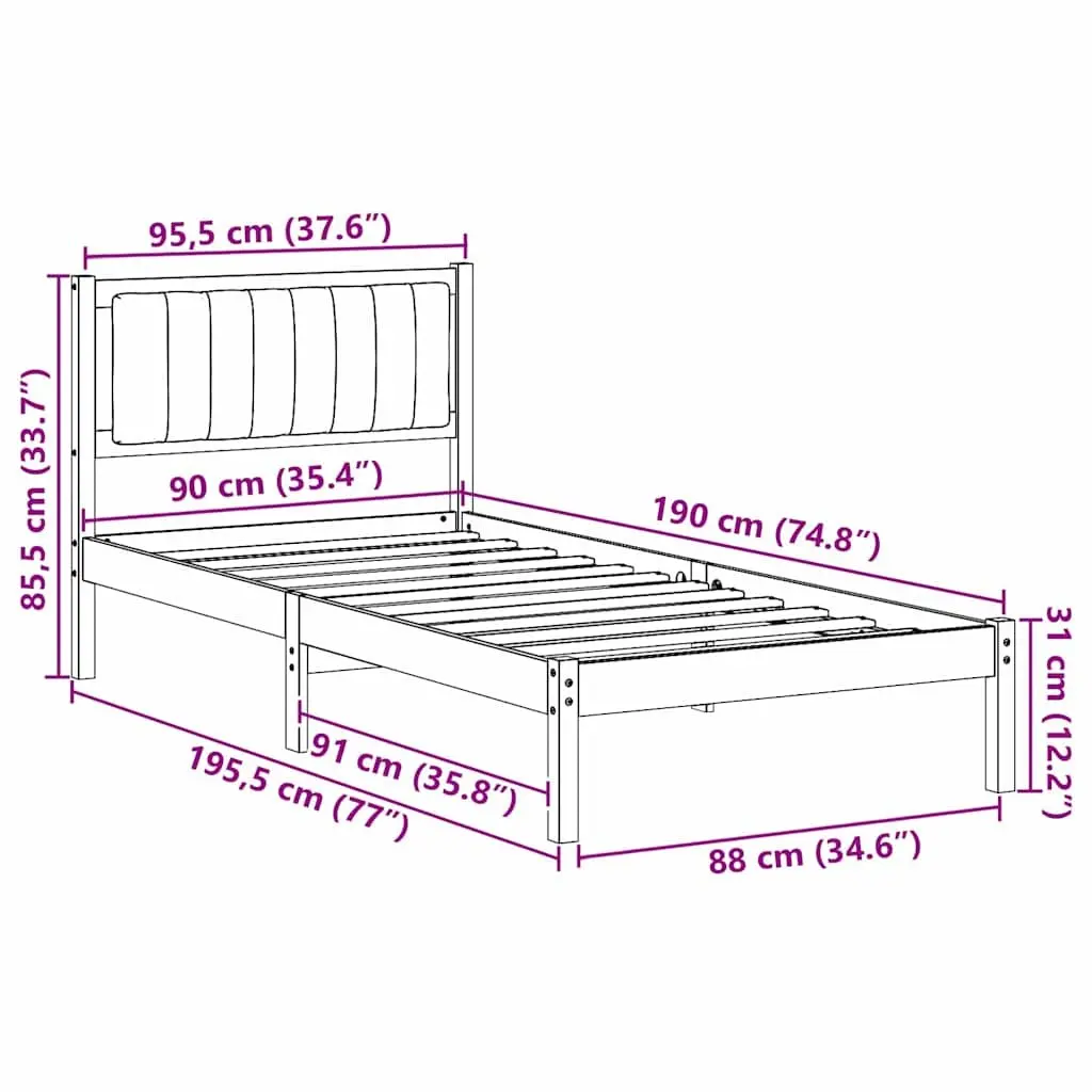 Bed Frame Upholstered Headboard Solid Pine Wood 90 x 190 cm Dark Grey
