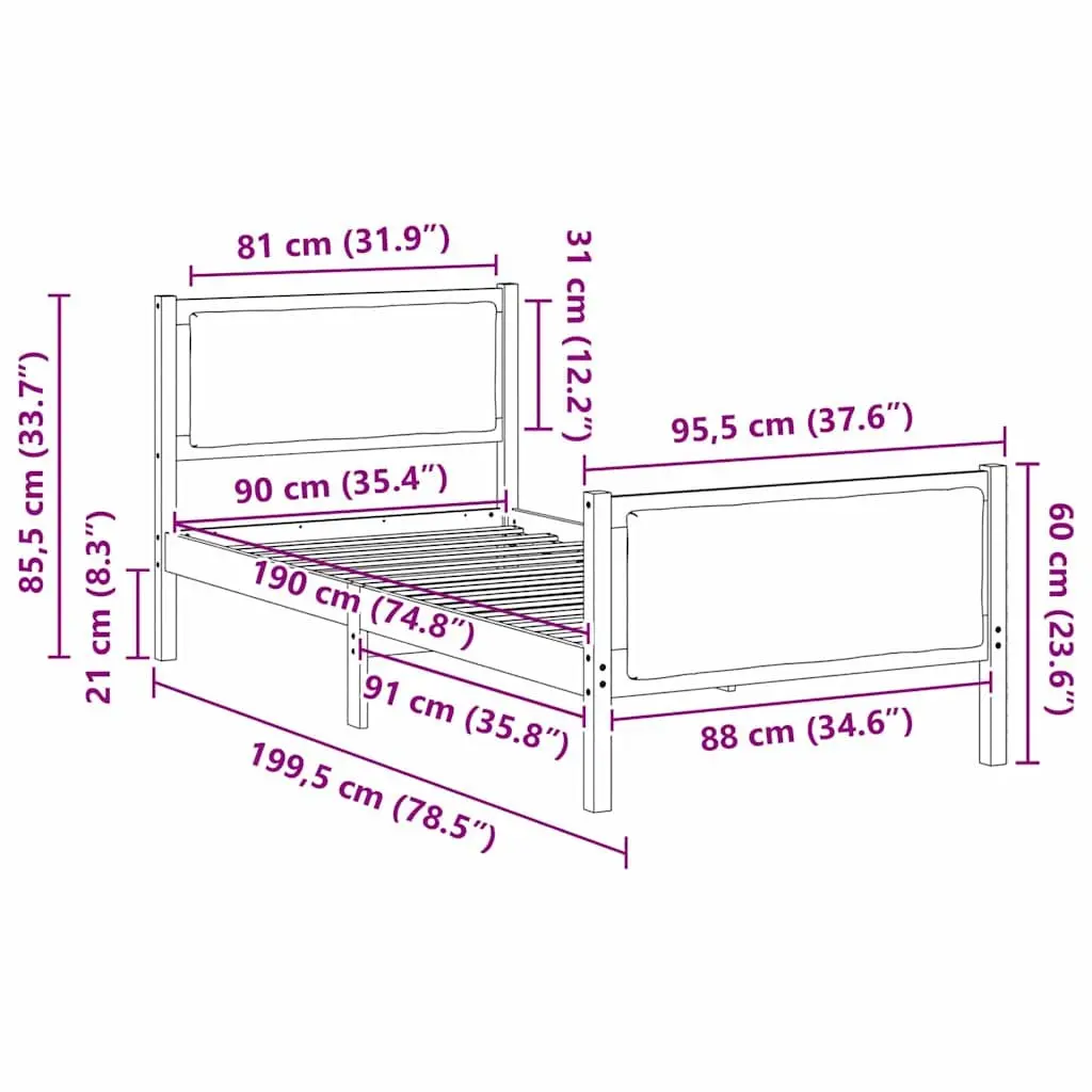 Bed Frame with Headboard 90 x 190 cm Slatted Base Platform Bedroom Furniture