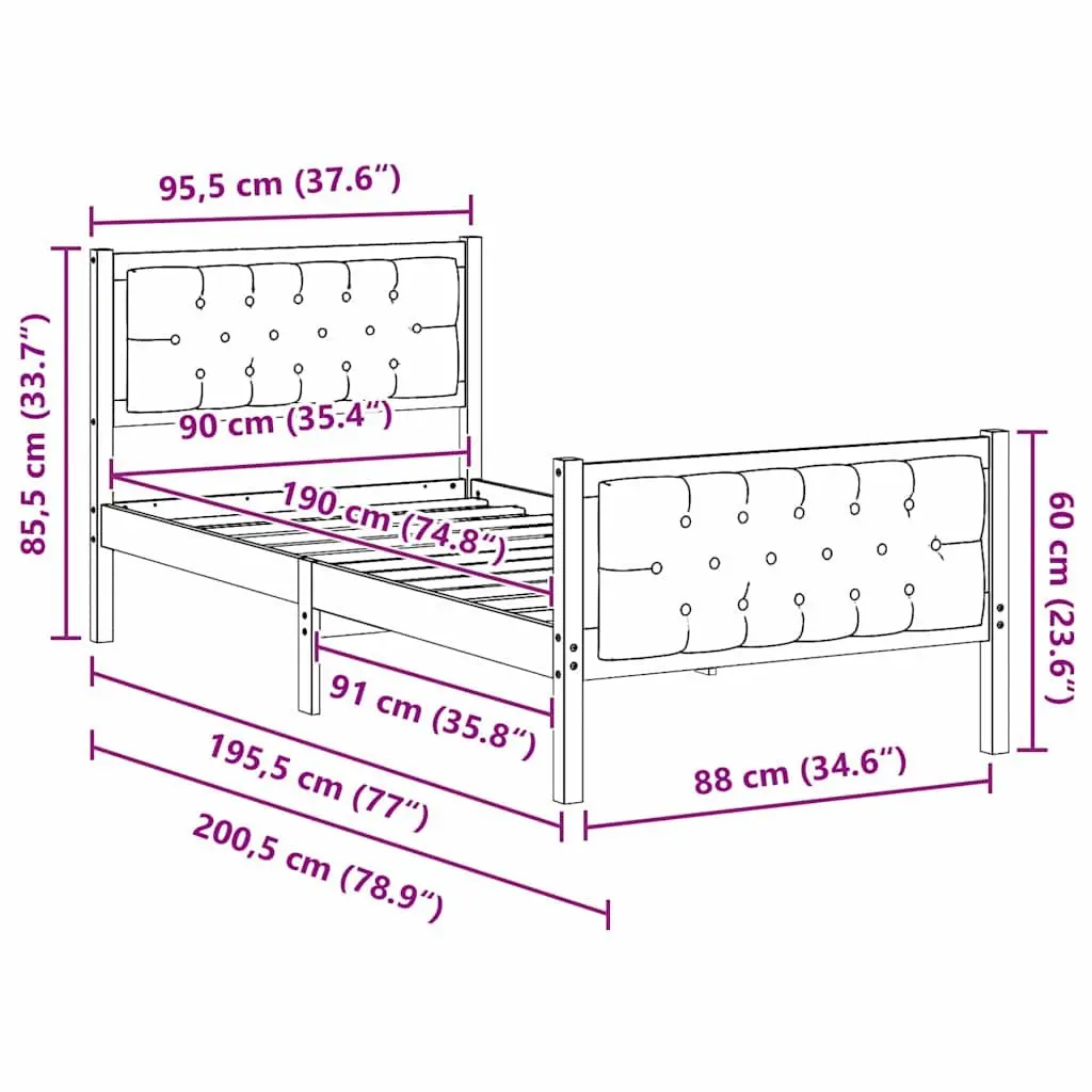 Bed Frame with Headboard 90 x 190 cm Solid Pine Wood Slatted Base Modern Design