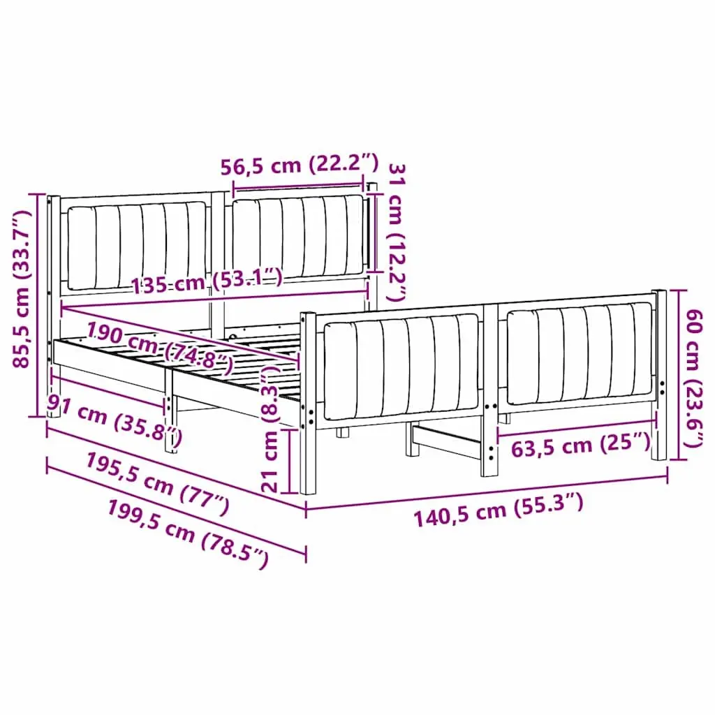 Bed Frame 135 x 190 cm Platform Solid Pine Wood Brown Dark Grey Bedroom