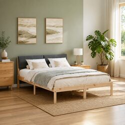 Bed Frame 135 x 190 cm Modern Platform Bedside Furniture Solid Pine Wood Brown