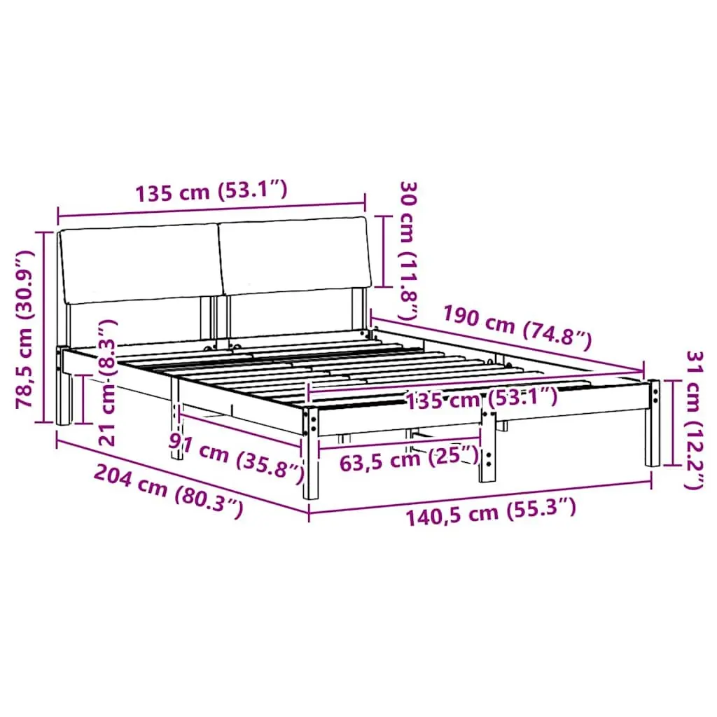 Bed Frame 135 x 190 cm Modern Platform Bedside Furniture Solid Pine Wood Brown