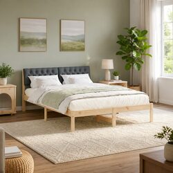 Platform Bed Frame 150x200cm Solid Pine Wood Brown Dark Grey Modern Bedroom