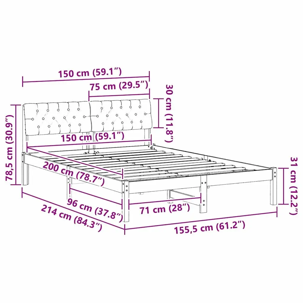 Platform Bed Frame 150x200cm Solid Pine Wood Brown Dark Grey Modern Bedroom