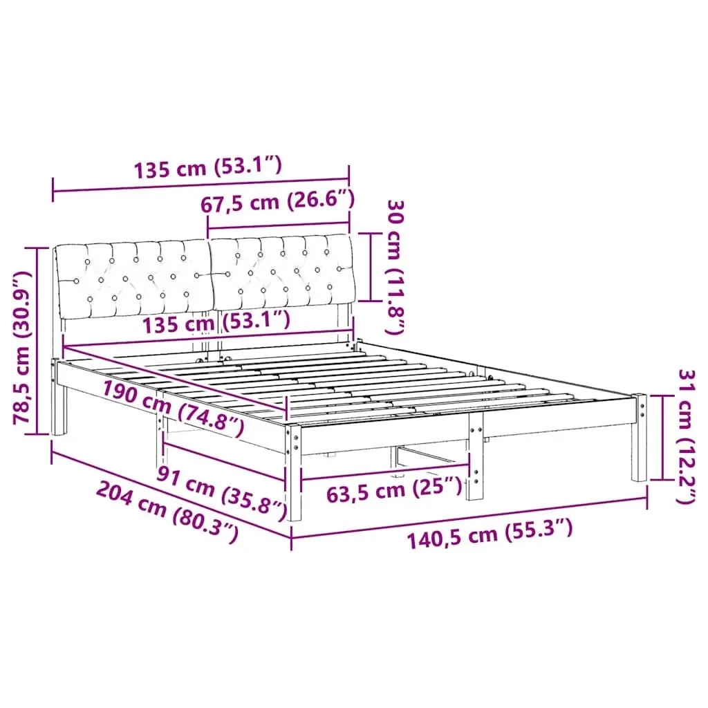 Platform Bed Frame 135 x 190 cm Brown Dark Grey Solid Pine Wood Modern Bedroom