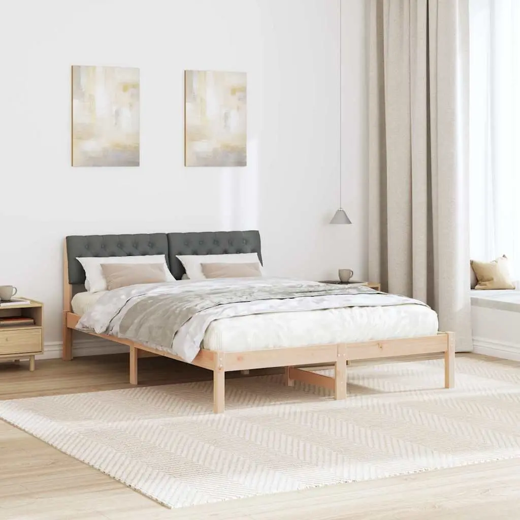 Platform Bed Frame 135 x 190 cm Brown Dark Grey Solid Pine Wood Modern Bedroom