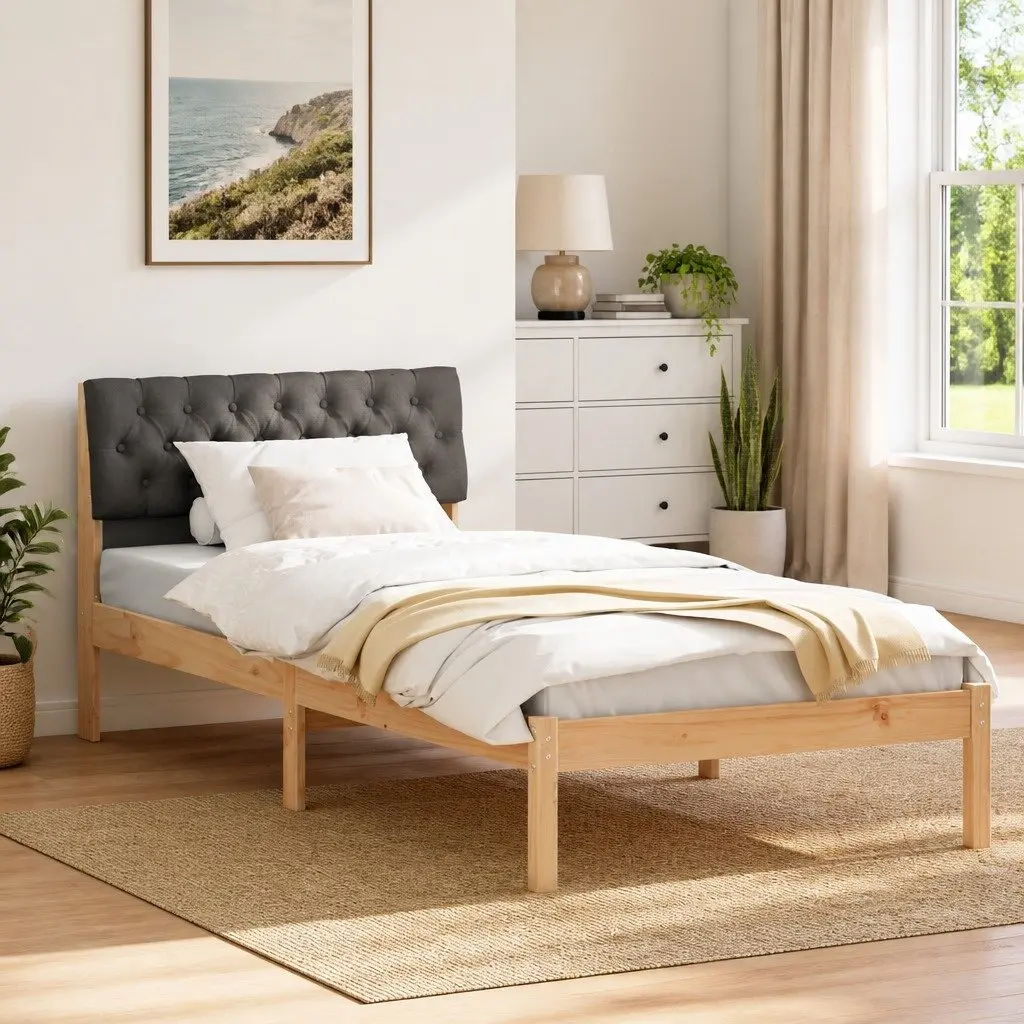 Pine Wood Platform Bed Frame Brown and Dark Grey with Wall-Mounted Headboard 90x190cm