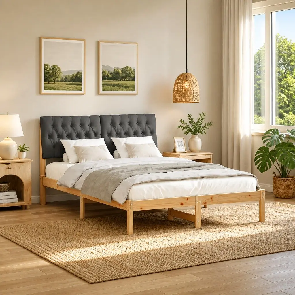 Bed Frame with Upholstered Headboard for Comfort