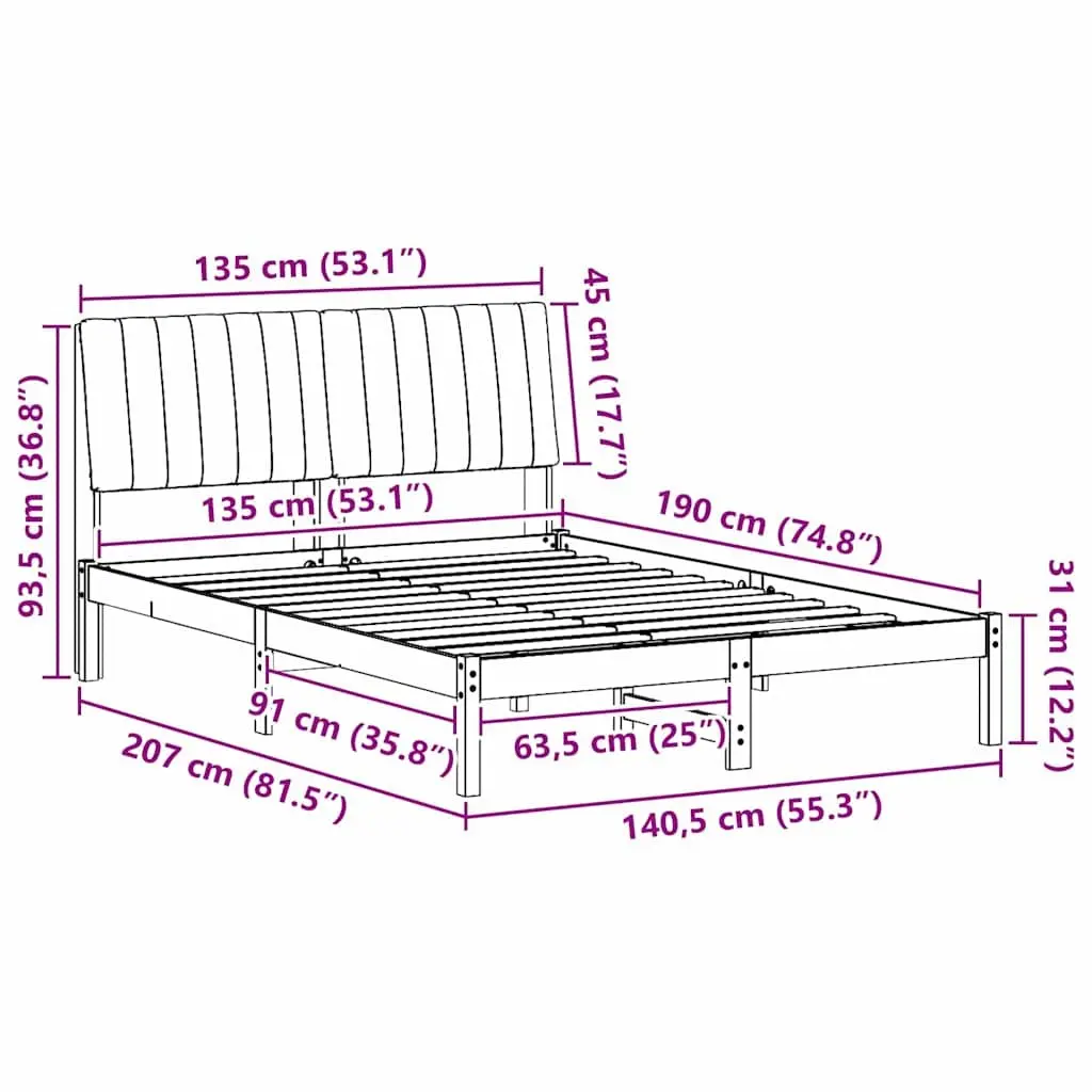 Bed Frame with Upholstered Headboard Brown 135 x 190 cm Solid Pine Wood Modern