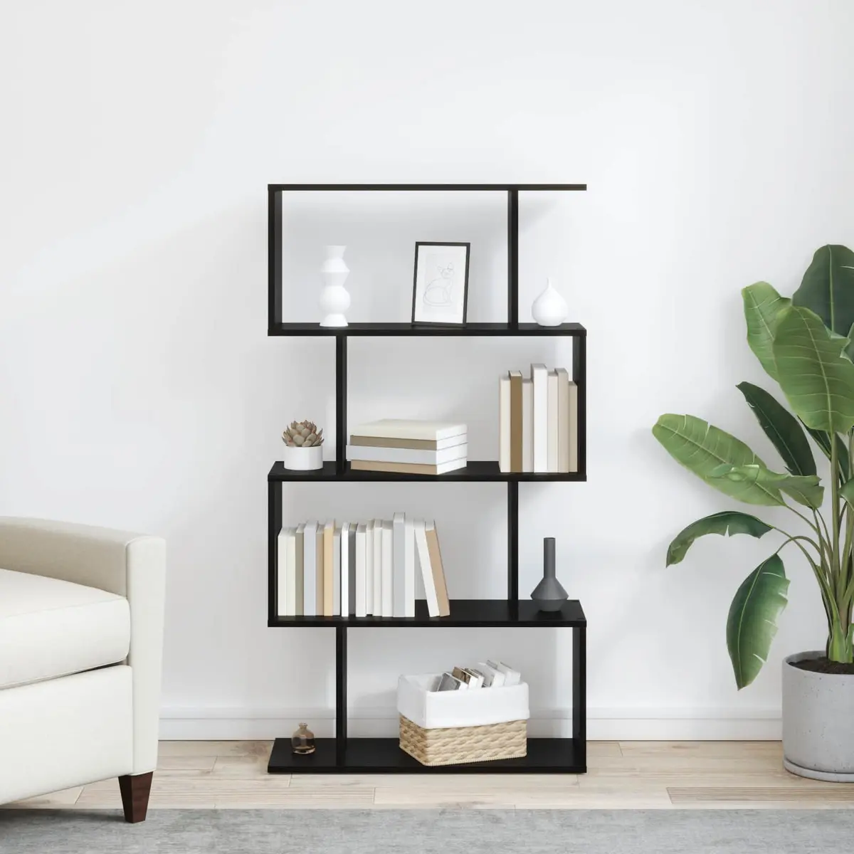 Book Cabinet Black Oak Storage Shelves Modern Engineered Wood Freestanding Unit