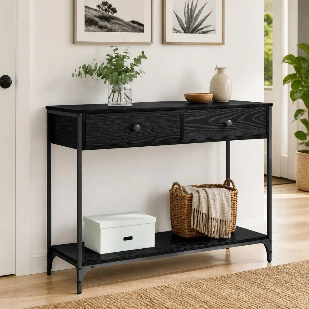 Console Table Black Oak 100x34.5x75cm Storage Shelves Drawers Industrial Design