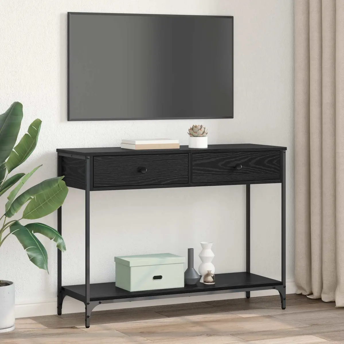 Console Table Black Oak 100x34.5x75cm Storage Shelves Drawers Industrial Design
