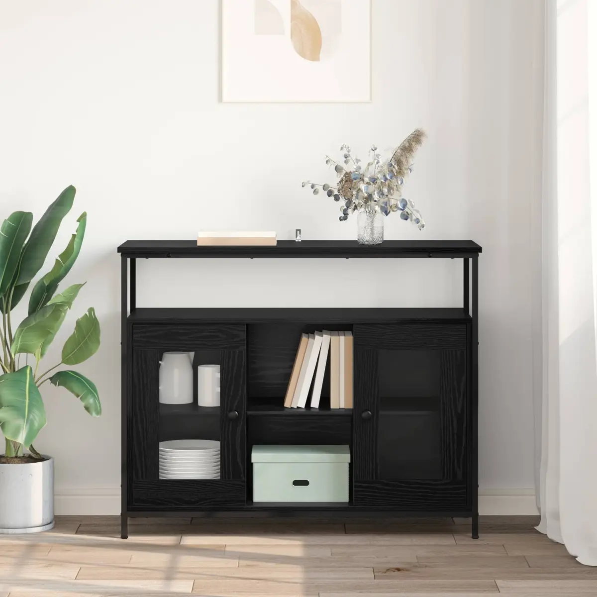 Sideboard Modern Black Oak Engineered Wood Storage Cabinet 100 x 35 x 80 cm