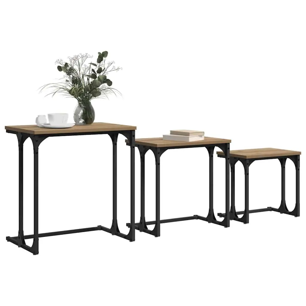Nesting Coffee Table Set Industrial Style 3 Piece Rectangular Brown with Black Frame