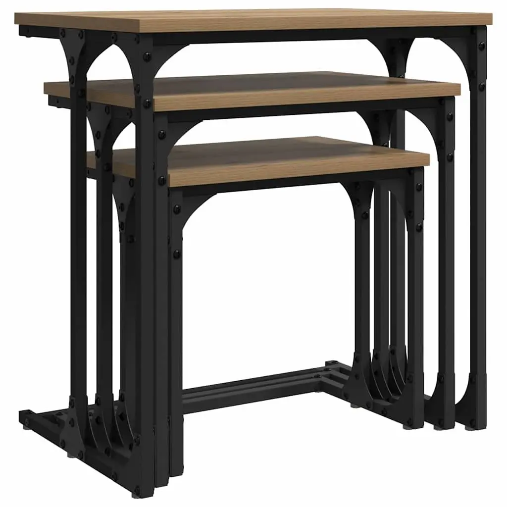 Nesting Coffee Table Set Industrial Style 3 Piece Rectangular Brown with Black Frame