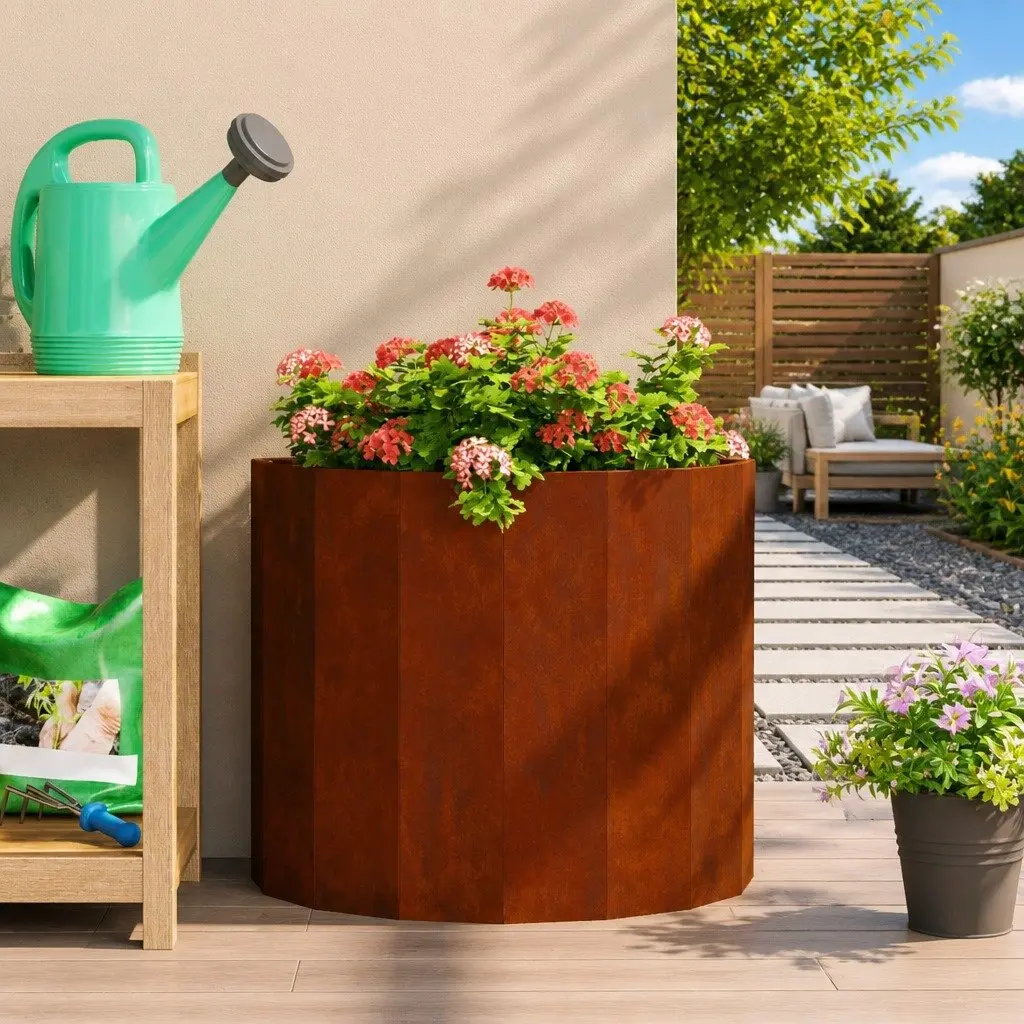 Half Round Garden Planter Outdoor Weathering Steel 60x30x50cm Brown Pot
