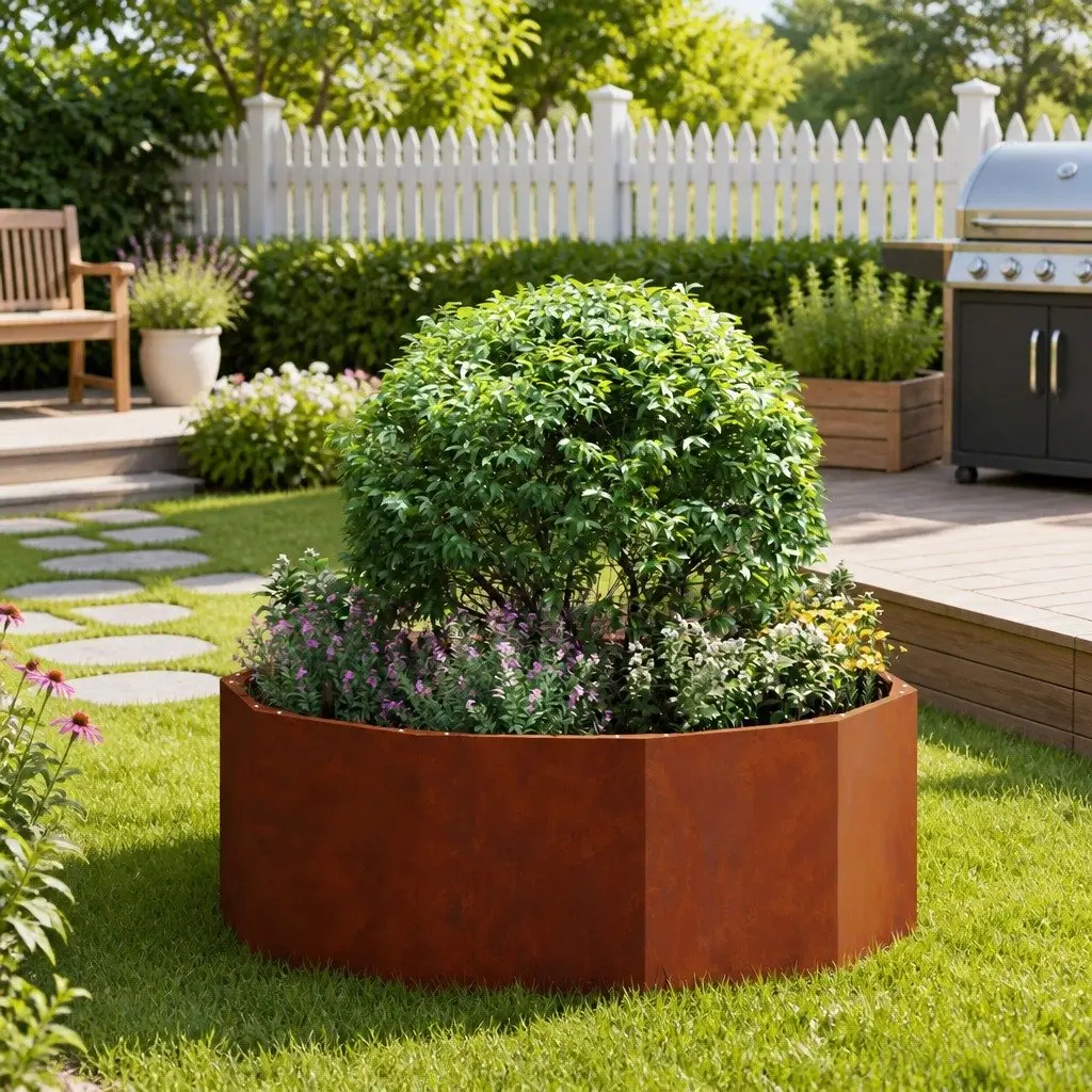 Round Garden Planter Steel Outdoor 90x90x35cm Brown