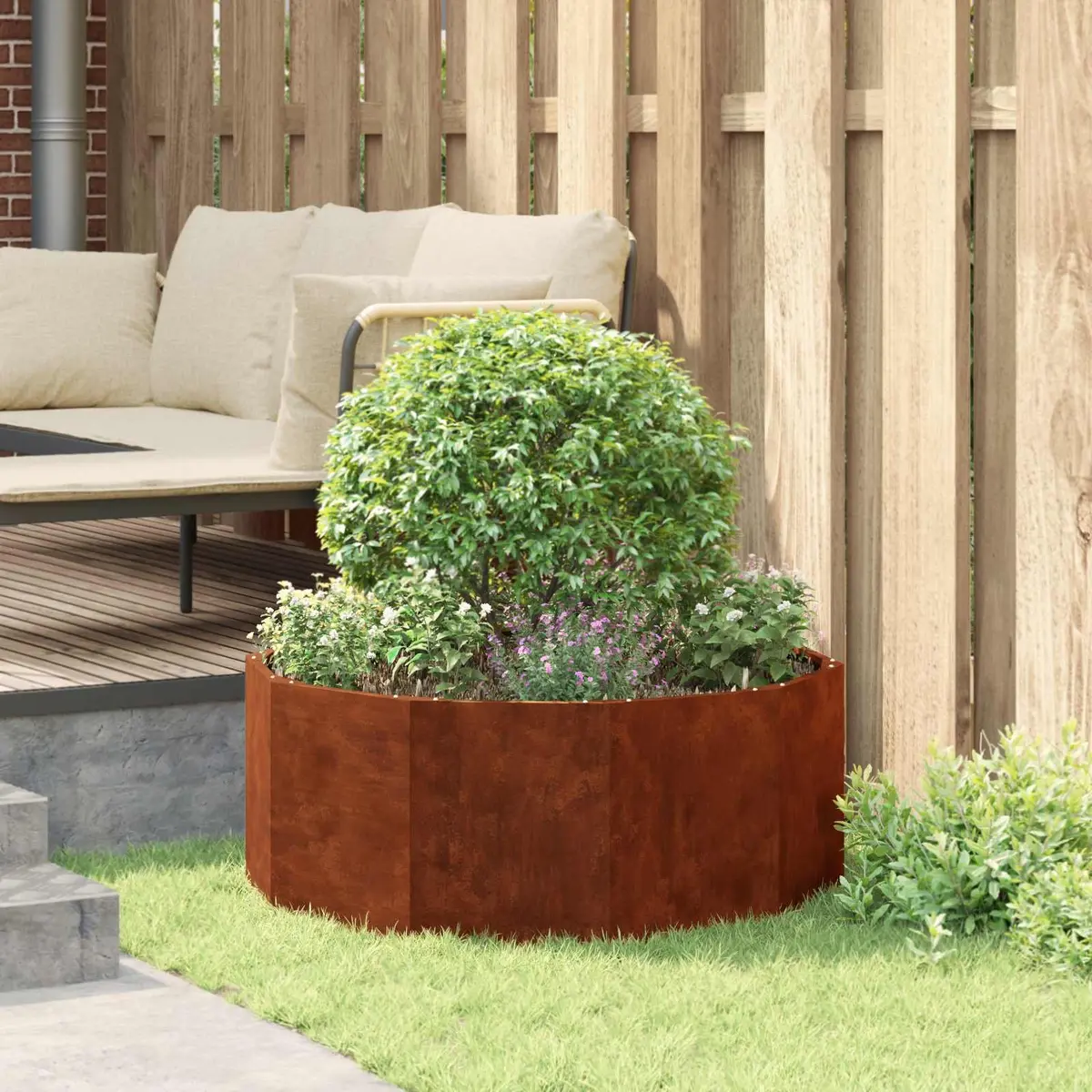 Round Garden Planter Steel Outdoor 90x90x35cm Brown