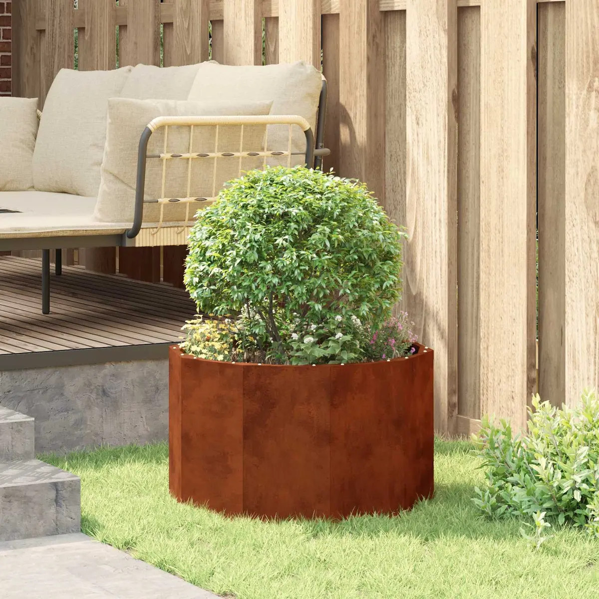 Steel Outdoor Round Planter Garden Pot Brown 60x60x35cm
