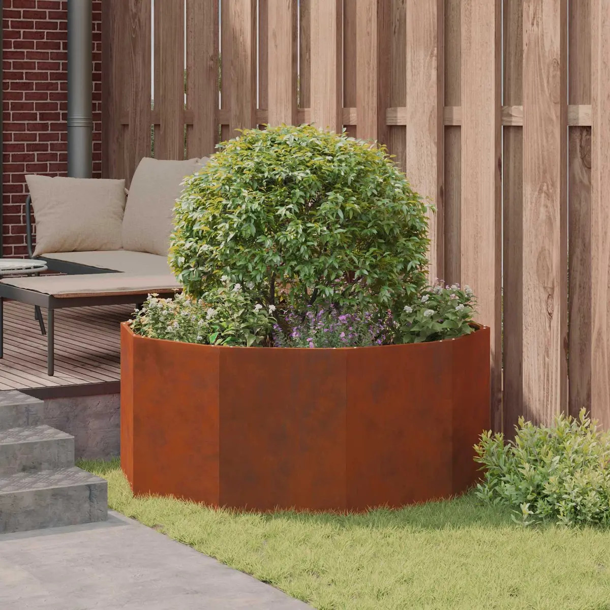 Steel Round Planter 120cm Outdoor Garden Decor Weather Resistant Brown