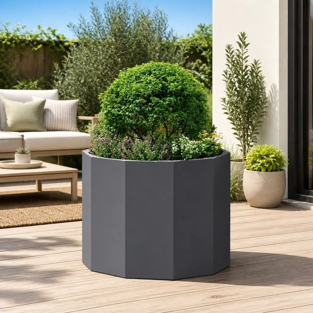 Round Steel Garden Planter 60x60x50cm Black Outdoor Patio Pot Container