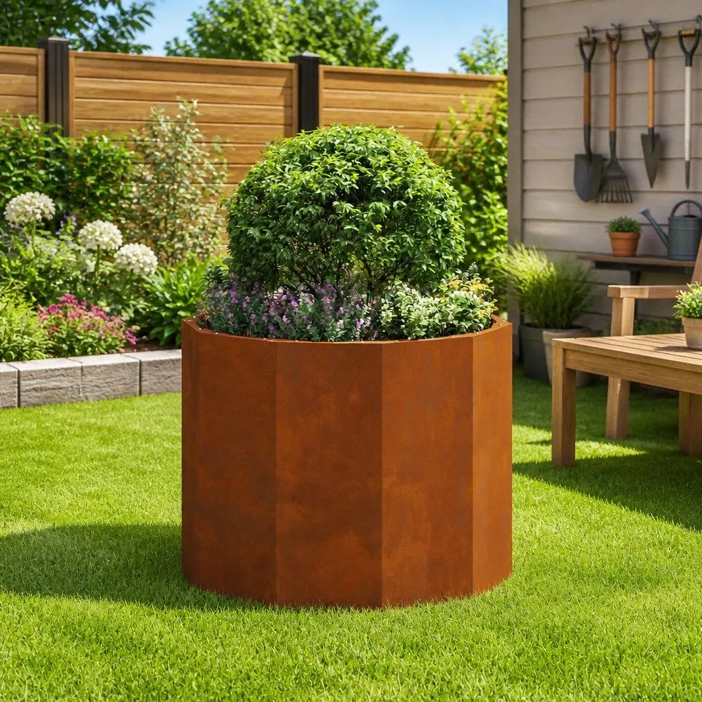 Round Garden Planter Steel Outdoor Weathered 60x60x50cm