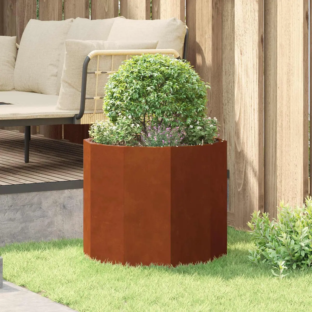 Round Garden Planter Steel Outdoor Weathered 60x60x50cm