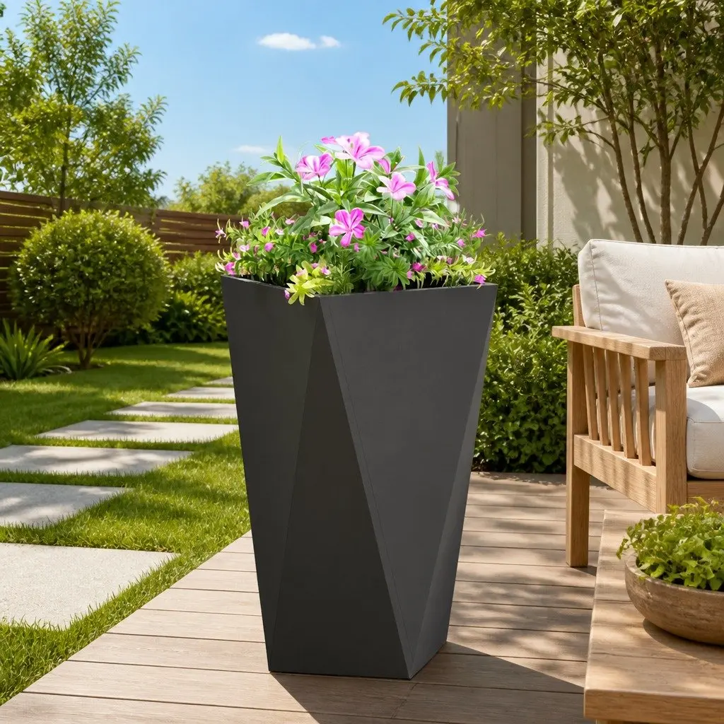 Steel Garden Planter Box Rectangular Corrugated 40x40x75cm Black