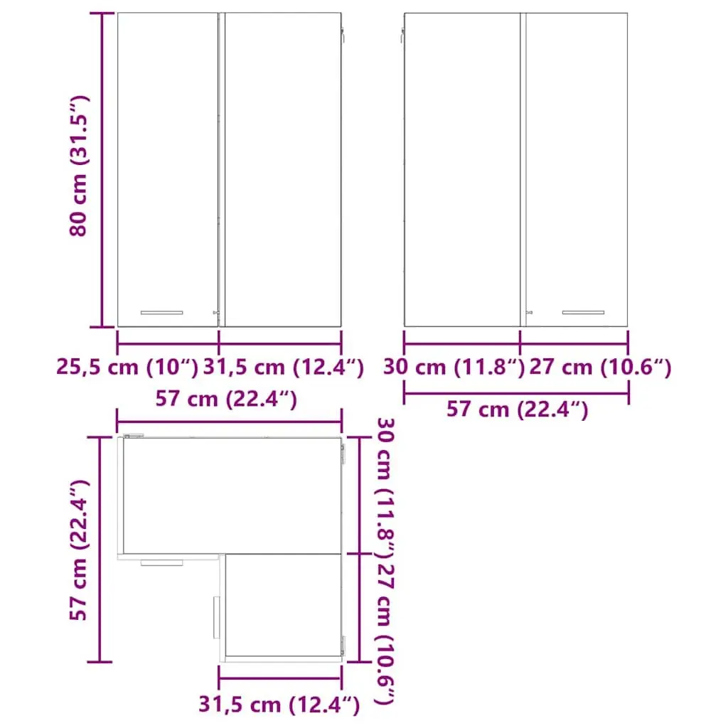 Hanging Kitchen Cabinet Modern Black Oak White Wall Mount 57x57x80cm