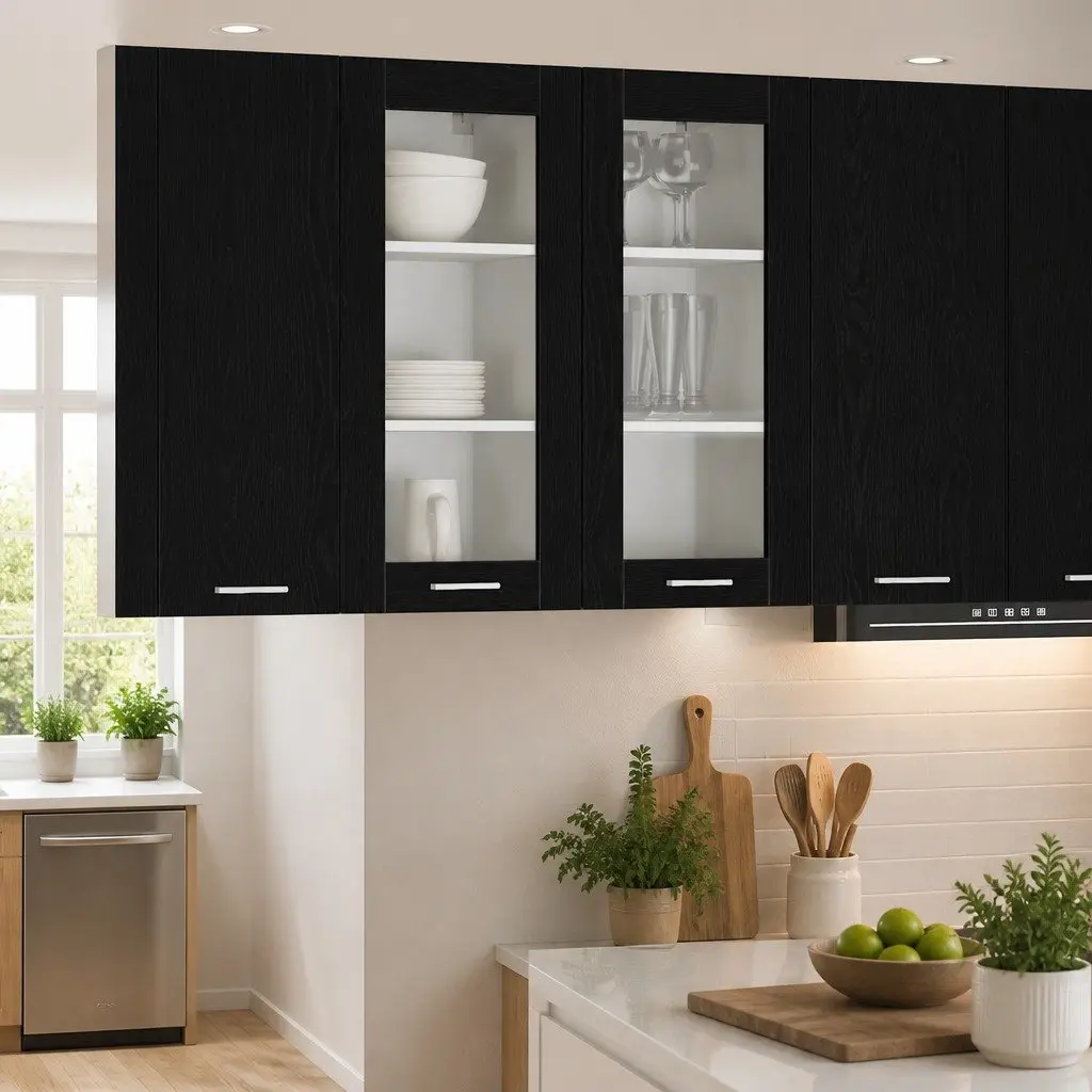 Hanging Kitchen Cabinet Modern Storage Organiser Set of 2 Black Oak 40 x 31 x 80 cm