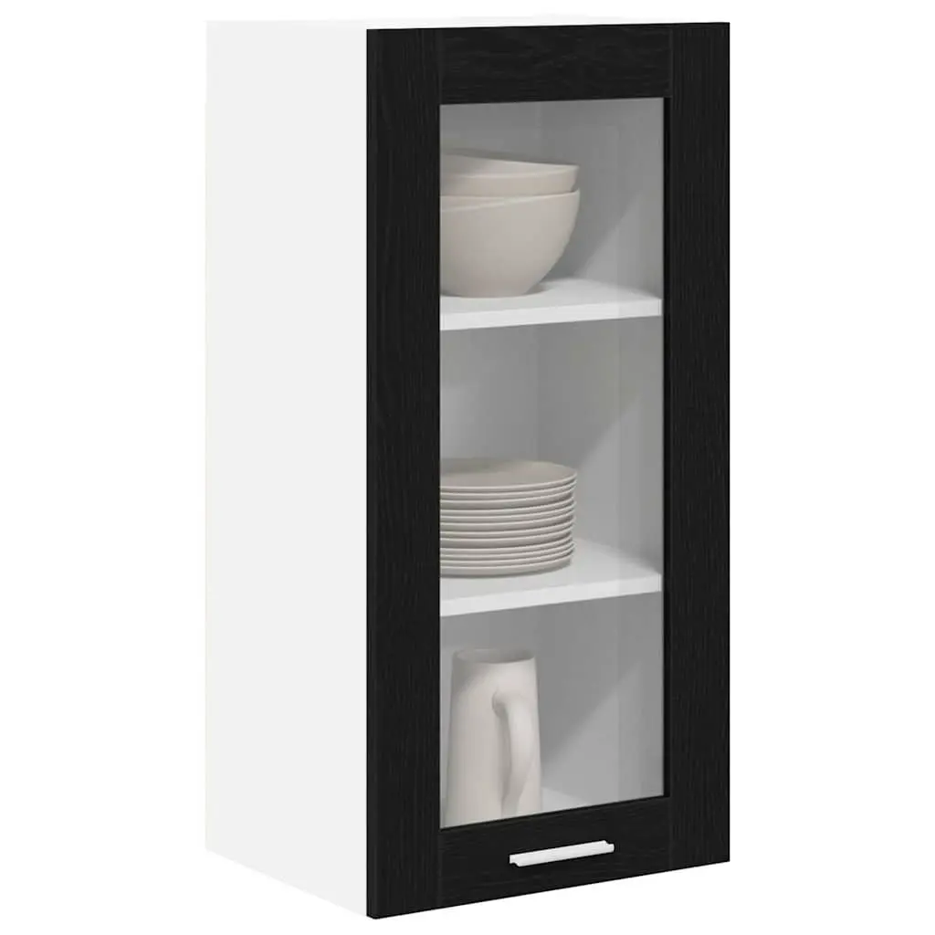 Hanging Kitchen Cabinet Modern Storage Organiser Set of 2 Black Oak 40 x 31 x 80 cm
