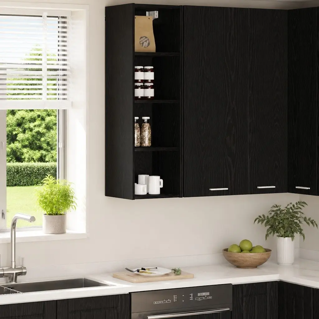Hanging Kitchen Cabinet Black Oak Modern Storage Engineered Wood 30x29.5x100cm